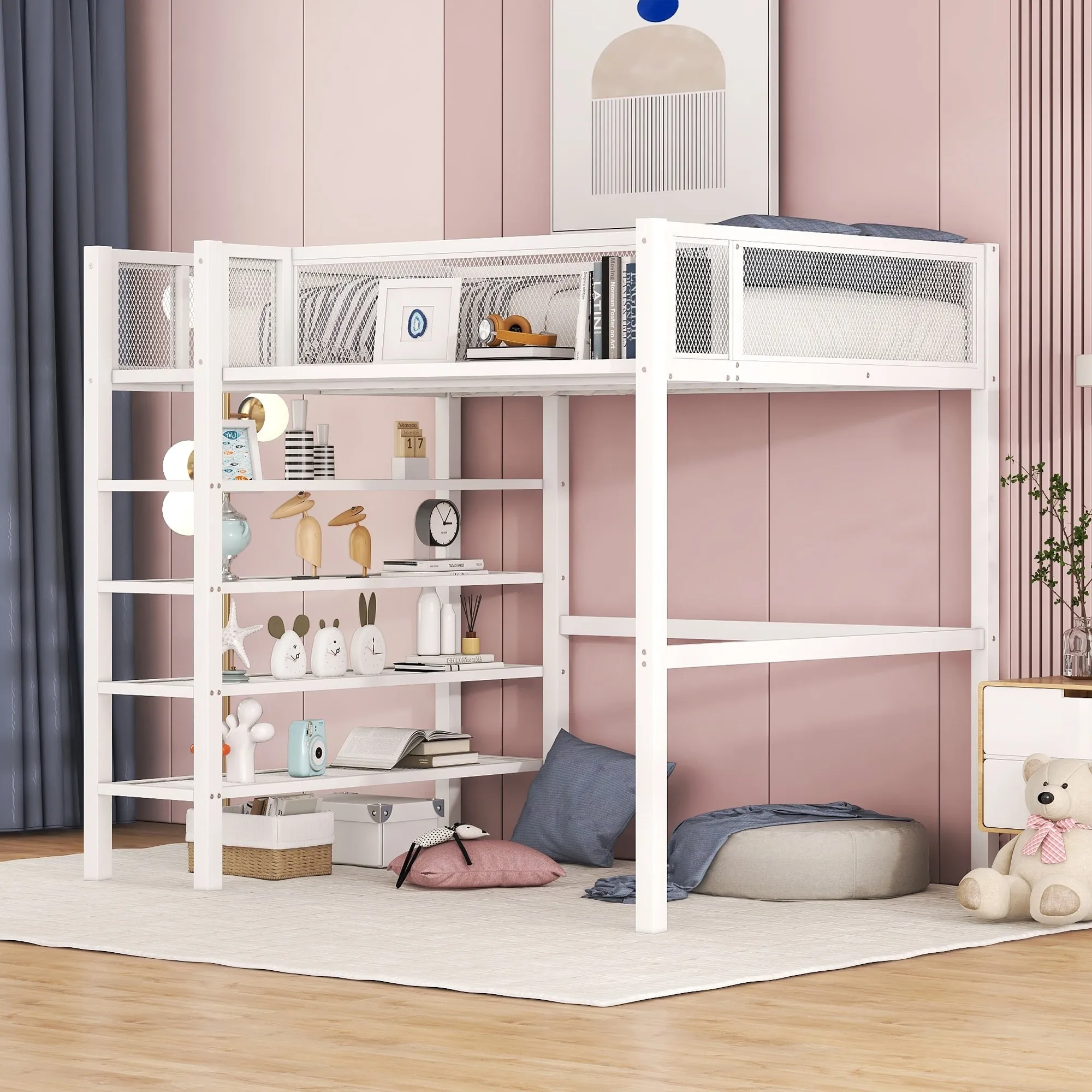 Twin Size Metal Loft Bed with Ladder & Full-Length Guardrail, Metal High Loft Bed Frame with 4-Tier Shelves & Under Bed Storage