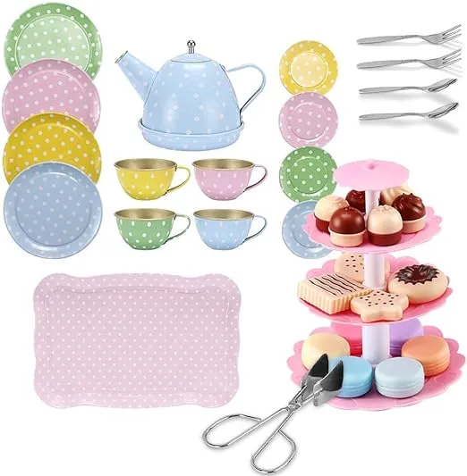 Kids Play Tea Set, FUQUN 36Pcs Tea Party Set for Little Girls, Tin Tea Set for Little Girls, Princess Tea Time Toy Including Dessert,Cookies,Doughnut,Teapot Tray Cake,Pretend Tea Pot for Kids Age 3-6