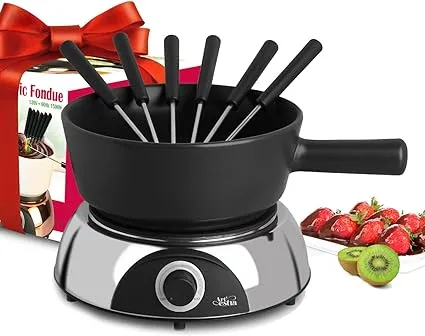 Artestia 2-QT Electric Fondue Pot Set 1500W Ceramic Chocolate Melting Pot Adjustable Temperature, Oil Fondue Pot Set with 6 Fondue Forks, Black Ceramic Pot with Glossy Base