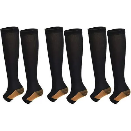 WOGOSVOR 3pairs Open Toe Toeless Compression Socks(15-20mmHg) for Men and Women Support Stocking (Black, L/XL)