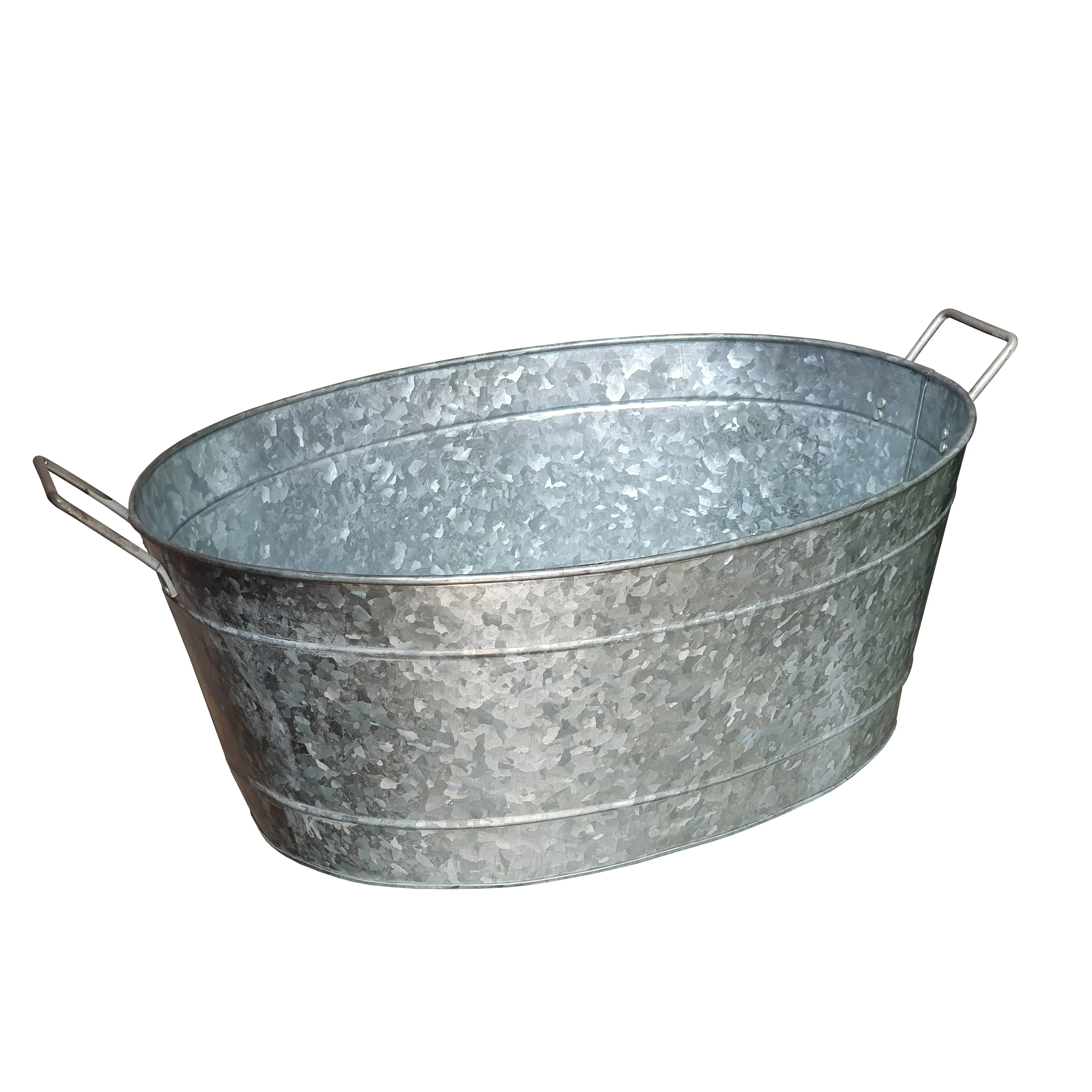 Benjara BM195212 9 x 15 x 21 in. Embossed Design Oval Shape Galvanized Steel Tub with Side Handles, Silver - Small