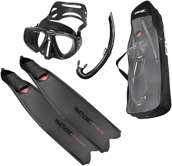 SEAC Motus Tris Freediving and Spearfishing Set - Motus Long Fins, One Diving Mask Jet Snorkel, Shoulder Bag Included