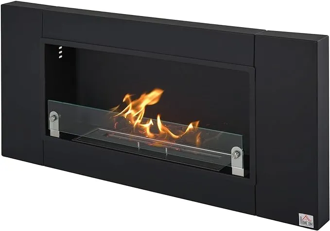 Homcom Wall-Mounted Stainless Steel Ventless Ethanol Fireplace Living Room Bedroom Heater, 43.25"x5.5" - Black