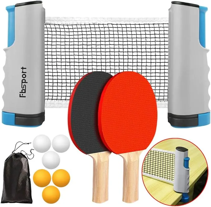 FBSPORT Ping Pong Paddle Set, Table Tennis Set with 4 Rackets and 8 Balls, Retractable Net with Storage Bag - Pingpong Paddle Accessories for Indoor/Outdoor Games