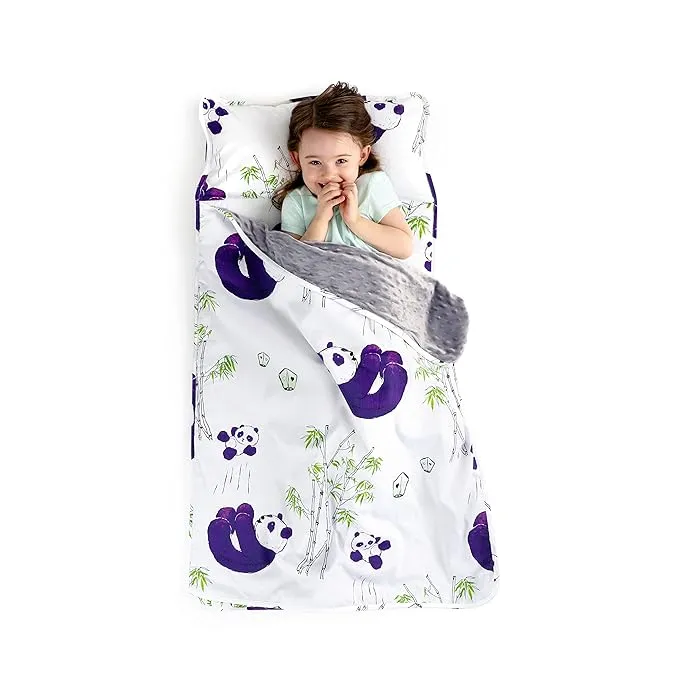 JumpOff Jo - Toddler Nap Mat for Preschool, Daycare, and Kindergarten - Sleeping Bag for Kids with Removable Pillow and Ultra Soft Blanket - Playful Pandas