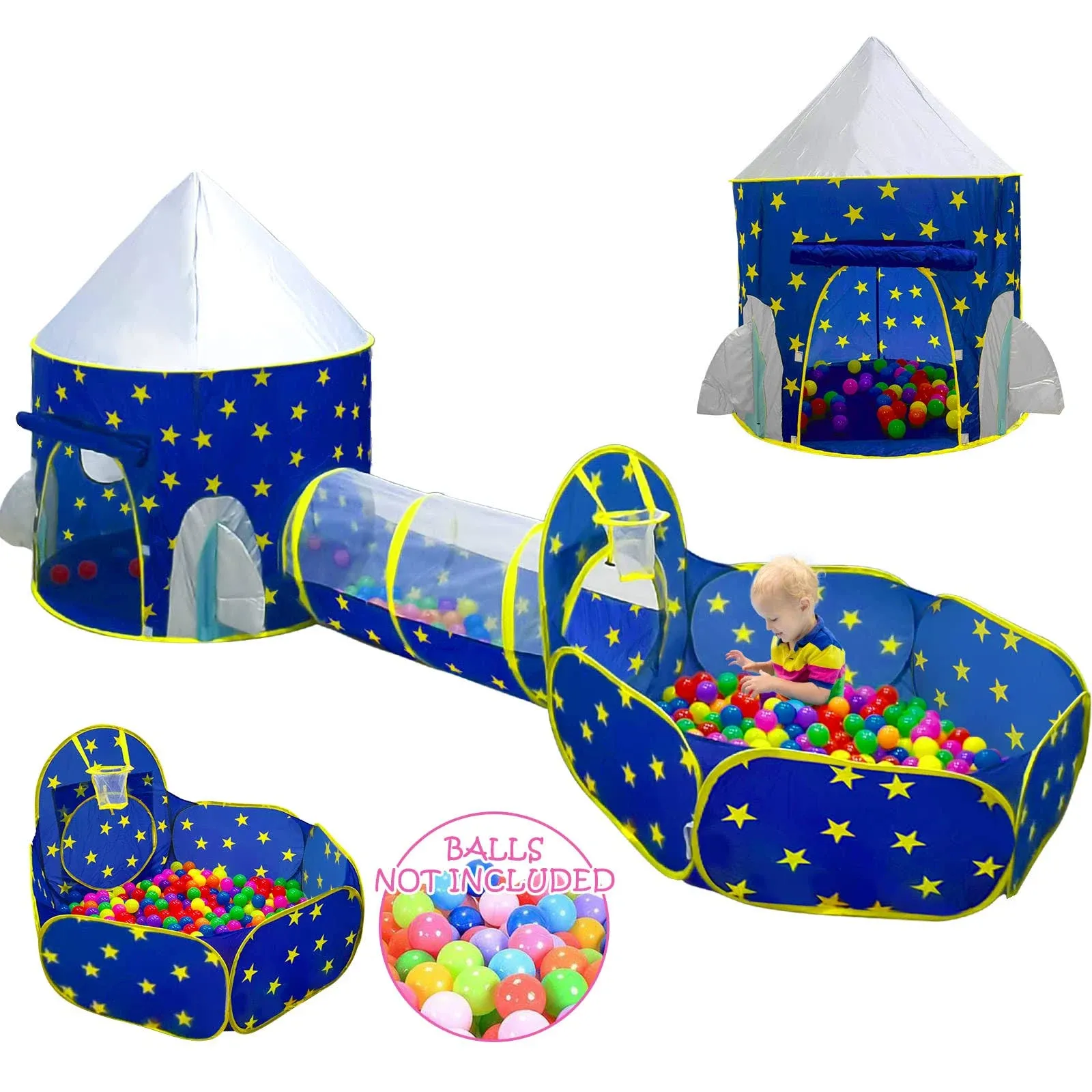 Pigpigpen 3Pc Kids Play Tent for Boys with Ball Pit, Crawl Tunnel, Princess Tent