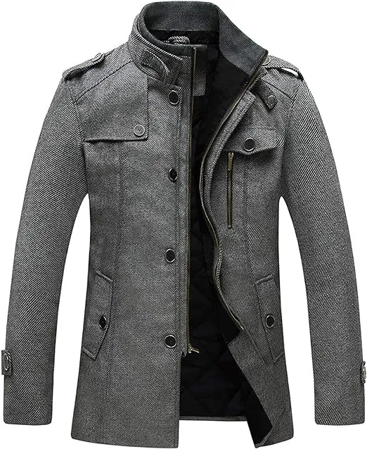 Wantdo Men's Wool Blend Jacket Stand Collar Windproof Pea Coat