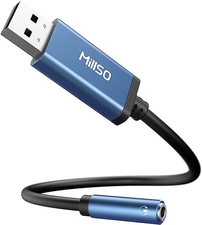 MillSO USB to 3.5mm Audio Jack Adapter, Sapphire Blue TRRS USB to AUX Audio Jack External Stereo Sound Card for Headphone, Speaker, PS4, PS5, PC, Laptop, Desktops - 1 Feet