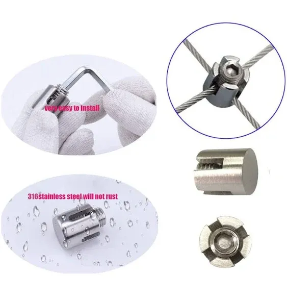 XXHong 316 Stainless Steel Cross Cable Clamps for Wire Cables Cable Railing Wire Rope Cross Clips for 1/8" Rope 20 PCs