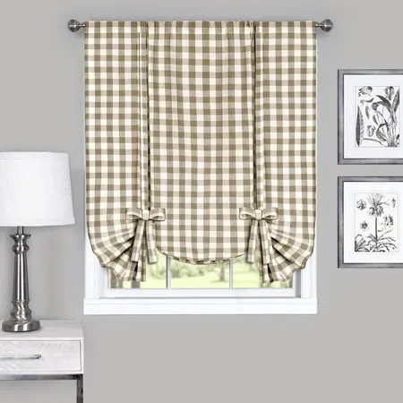 GoodGram Buffalo Check Plaid Gingham Custom Fit Window Curtain Tie Up Shade - Taupe