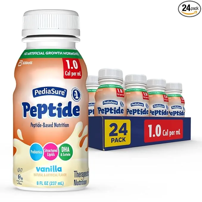 PediaSure Peptide 1.0 Cal, Peptide-Based Formula, Sole-Source Nutrition Drink for Tube Feeding or Oral Nutrition, Vanilla, 8-fl-oz Bottle, Pack of 24