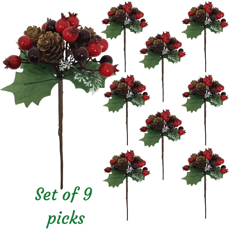 Pinecones Berries and Holly Leaves Picks  9 Pieces  for Christmas Seasonal Festive Holiday Decorating Craft Accessories  #3388