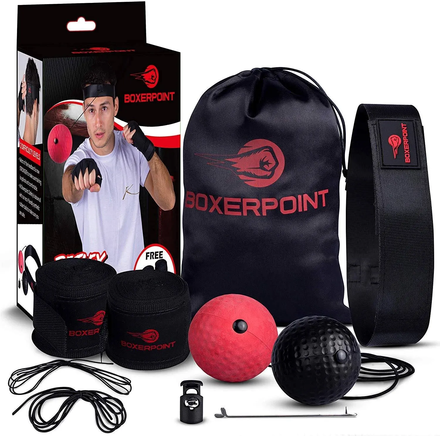 Boxing Reflex Ball for Adults and Kids - React Reflex Balls on String with Headband, Carry Bag and Hand Wraps - Improve Hand Eye Coordination, Punching Speed, Fight Reaction