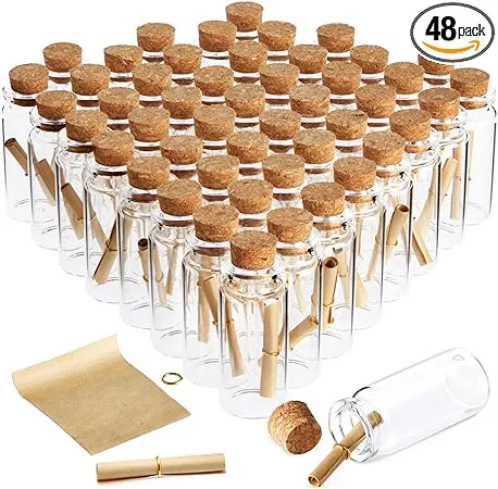 48 Pack 10ml Create A Message in A Bottle Kit, Bulk Small Glass Cork Bottles with Scrolls for Wedding Favors Clear