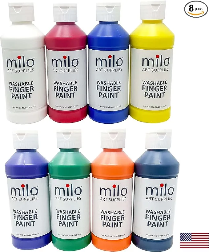 milo Kid's Washable Finger Paint Set of 8 Colors | 8 oz Bottles | Safe and Non-Toxic | Made in the USA | Art & Craft Paints for Kids, Toddlers, Pre School Supplies Painting Set for Children | Easy Pour and Squeeze Bottles