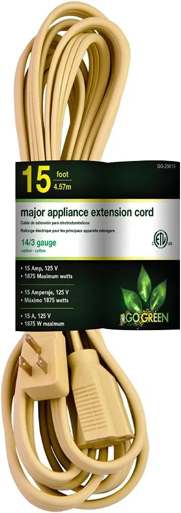 Go Green Power Inc. 15ft Appliance Cord, Beige - 14/3 SPT, Heavy Duty, Grounded Plug, Kink-Free, 3 Prong Right Angle Plug Protects Against Accidental Disconnection, Ideal for Large Indoor Appliances