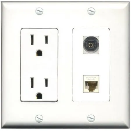 RiteAV - 15 Amp Power Outlet and 1 Port Toslink and 1 Port Cat6 Ethernet White Decorative Type Wall Plate White