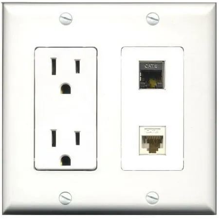 RiteAV - 15 Amp Power Outlet and 1 Port Shielded Cat6 Ethernet and 1 Port Cat6 Ethernet White Decorative Type Wall Plate White