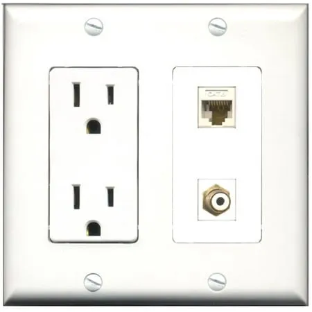 RiteAV - 15 Amp Power Outlet and 1 Port RCA White and 1 Port Cat6 Ethernet White Decorative Type Wall Plate White