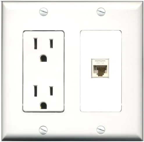 RiteAV - 15 Amp Power Outlet and 1 Port Cat6 Ethernet White Decorative Type Wall Plate White