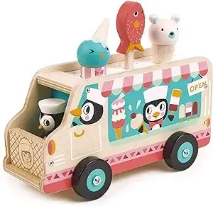 Tender Leaf Toys - Penguin’s Gelato Van - Food Truck Style Pretend Play, Ice Cream and Ice Lolly Wooden Vehicle - Encourage Role Play and Develops Social Skills for Children - Age 18m+