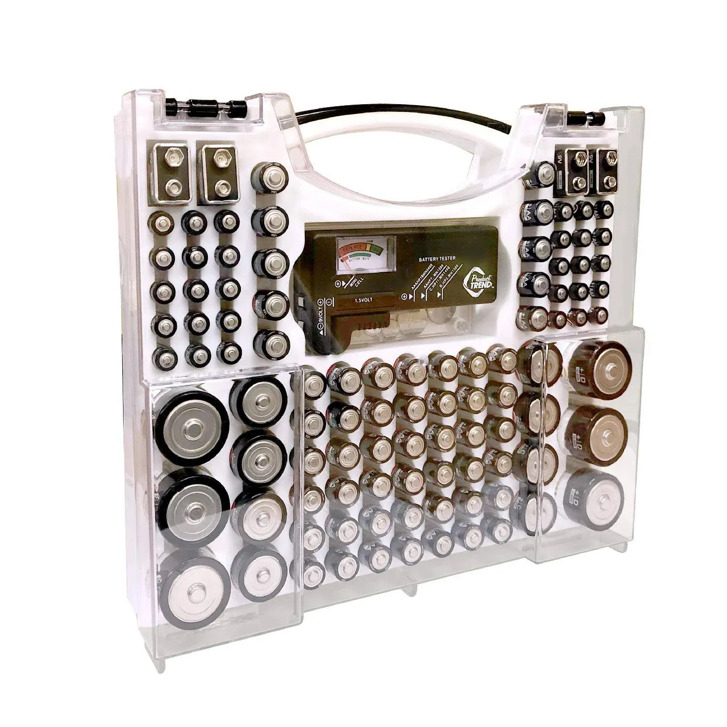 Battery Pro Organizer & Tester, Holds 100 Assorted Batteries - White