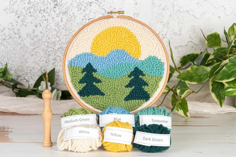 Mountain Mini Punch Needle Kit - DIY Kit For Beginners to Experts, Craft Kit Includes Monks Cloth, Wool Yarn, Embroidery Hoop, and More