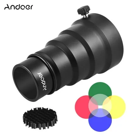 Andoer 98mm Mini Flash Mount Metal Snoot with Honeycomb Grid 5pcs Color Filter Kit for Neewer Andoer Godox 180W 250W 300W Mini Studio Strobe Monolight Photography Flash