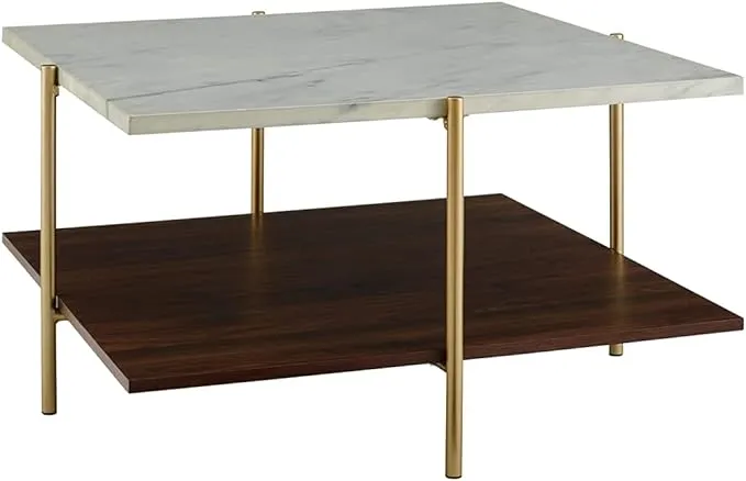 Walker Edison Hollin Mid Century Modern Square Marble Top Coffee Table, 32 Inch, Marble and Gold