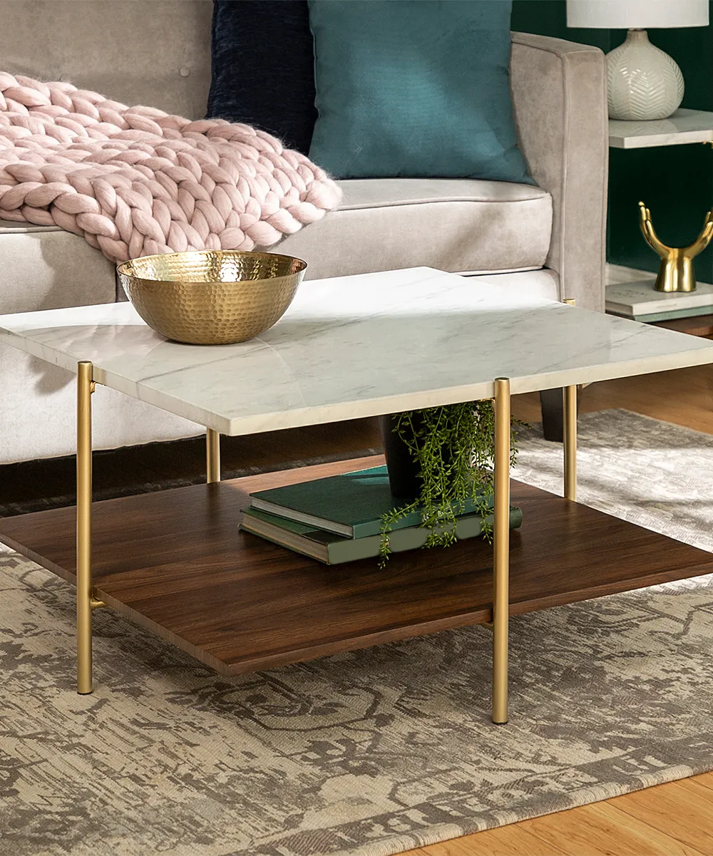 Walker Edison Coffee Tables White/Gold - White & Gold Square Faux Marble Coffee Table