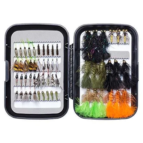 BASSDASH Fly Fishing Flies Kit Fly Assortment Trout Bass Fishing with Fly Box, 36/64/72/76/80/96pcs with Dry/Wet Flies, Nymphs, Streamers, Popper