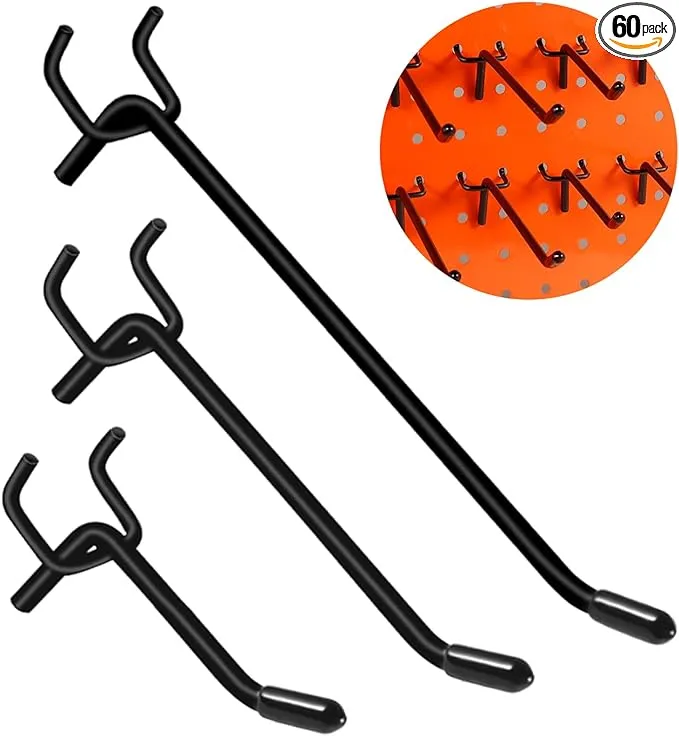 Dualshine 60PCS Black Pegboard Hooks 4 Inch, Peg Board Shelving Hook Metal Pegboard Display Hook Peg Wall Hook for 1/4’’ Spaced Pegboard, 0.2” Diameter Peg Board Peg for Garage Storage Organizer