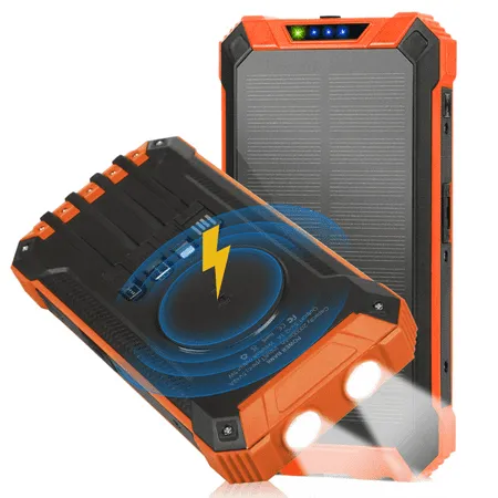 Solar Power Bank 20000mAh Built-in 4 Cables Qi Wireless Charger For Energizer Energy E241s with LED Flashlight Solar Portable External Battery IPX4 Waterproof 15W 5V/3A USB C Port 6 Outputs 3 Inputs