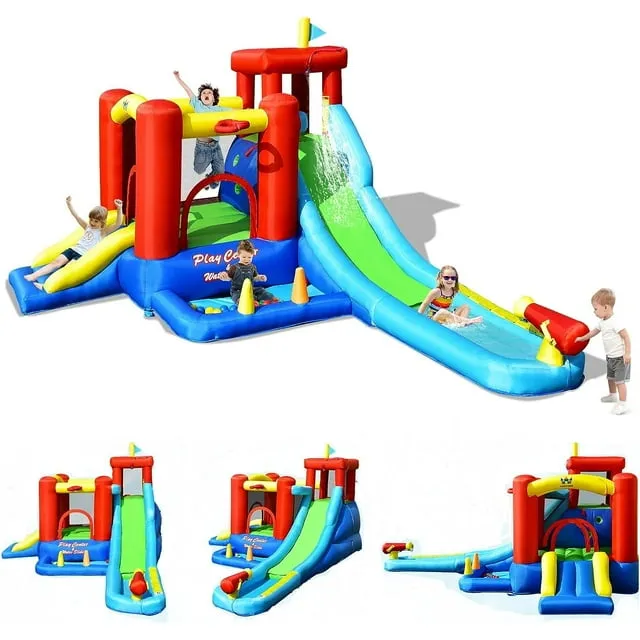 Costway Farm Themed Inflatable Castle Kids Bounce House w/ Double Slides