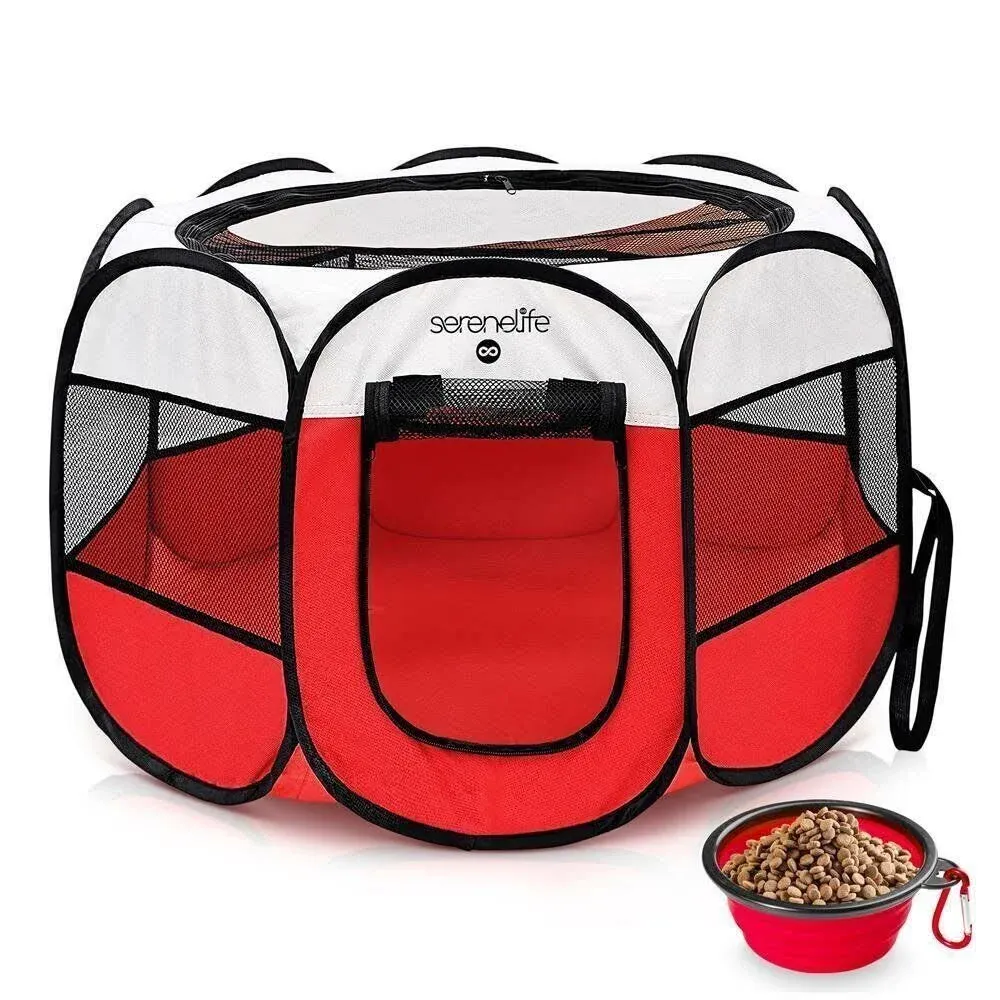 Collapsible Pet Playpen with Portable Bowl Red Safe Indoor Outdoor Use