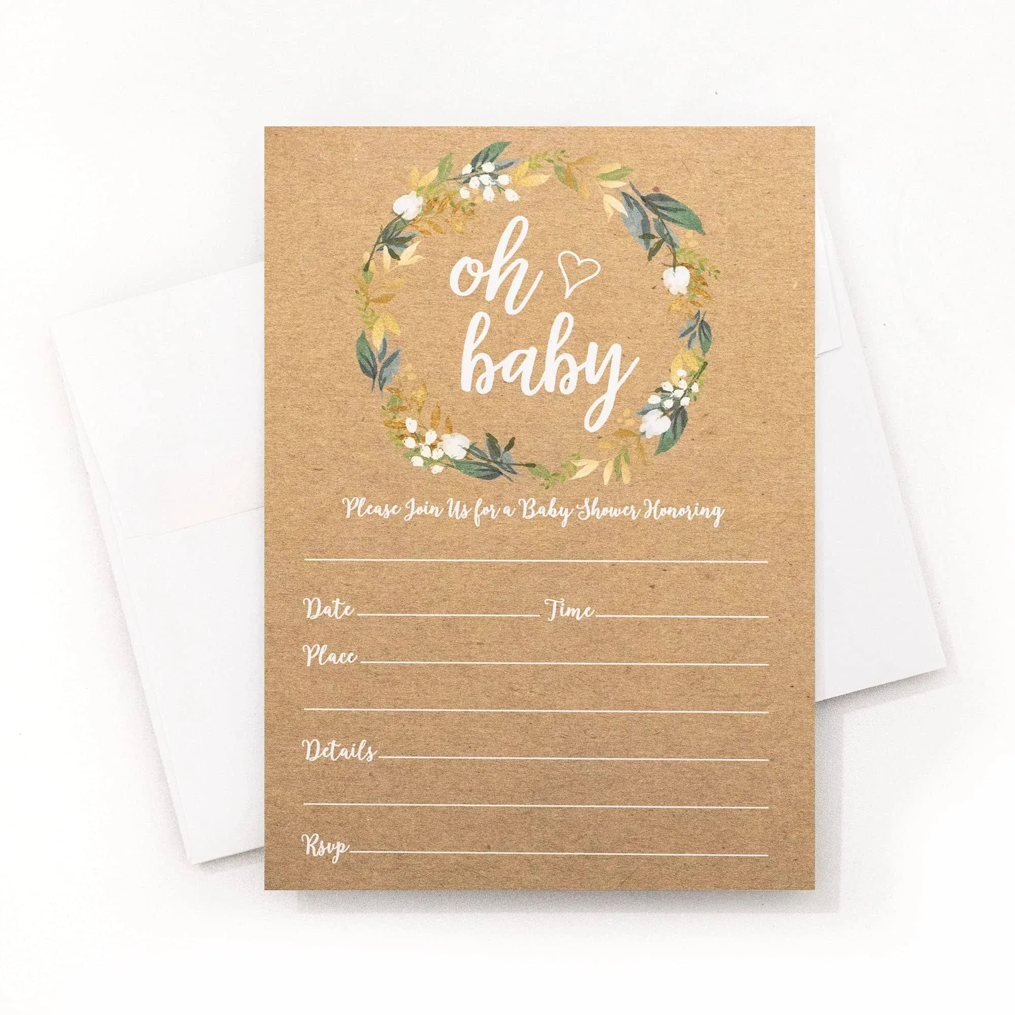 50 Oh Baby Kraft Greenery Invitations (Large Size 5x7) - Baby Shower Invitations ...