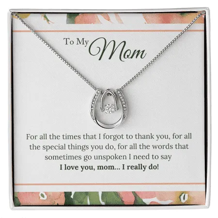 To My Mom Love You Really Do Lucky Horseshoe Necklace Message Card 14k w CZ Crystals