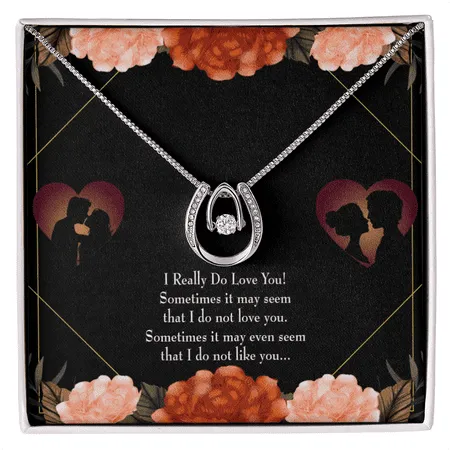 To My Girlfriend Really Love You English Lucky Horseshoe Necklace Message Card 14k w CZ Crystals