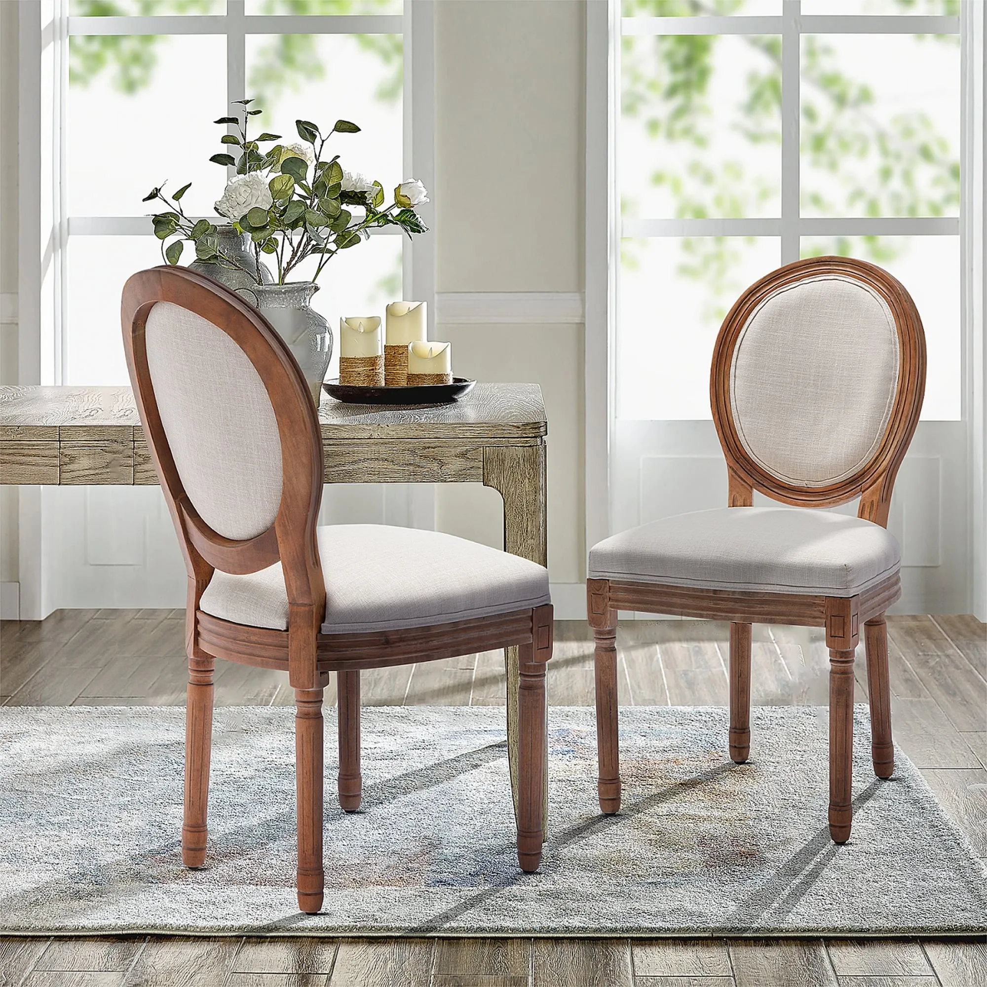 French Country Dining Chairs, Upholstered Farmhouse Dining Room Chairs with Round Back and Wood Legs