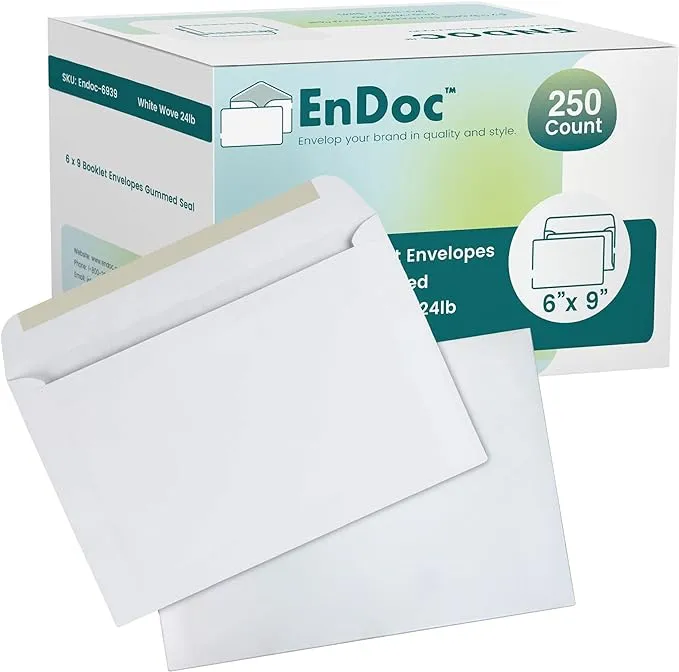 6x9 Booklet Envelopes - 250 pack - Mailing Envelopes with Gummed Seal - White Letter Envelopes Open-Side 6x9 Envelopes - 28 lb Heavy Duty Paper Plain Envelopes for Catalogs, Business, Booklets