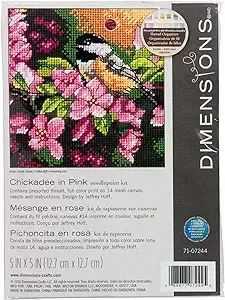 Chickadee in pink needlepoint