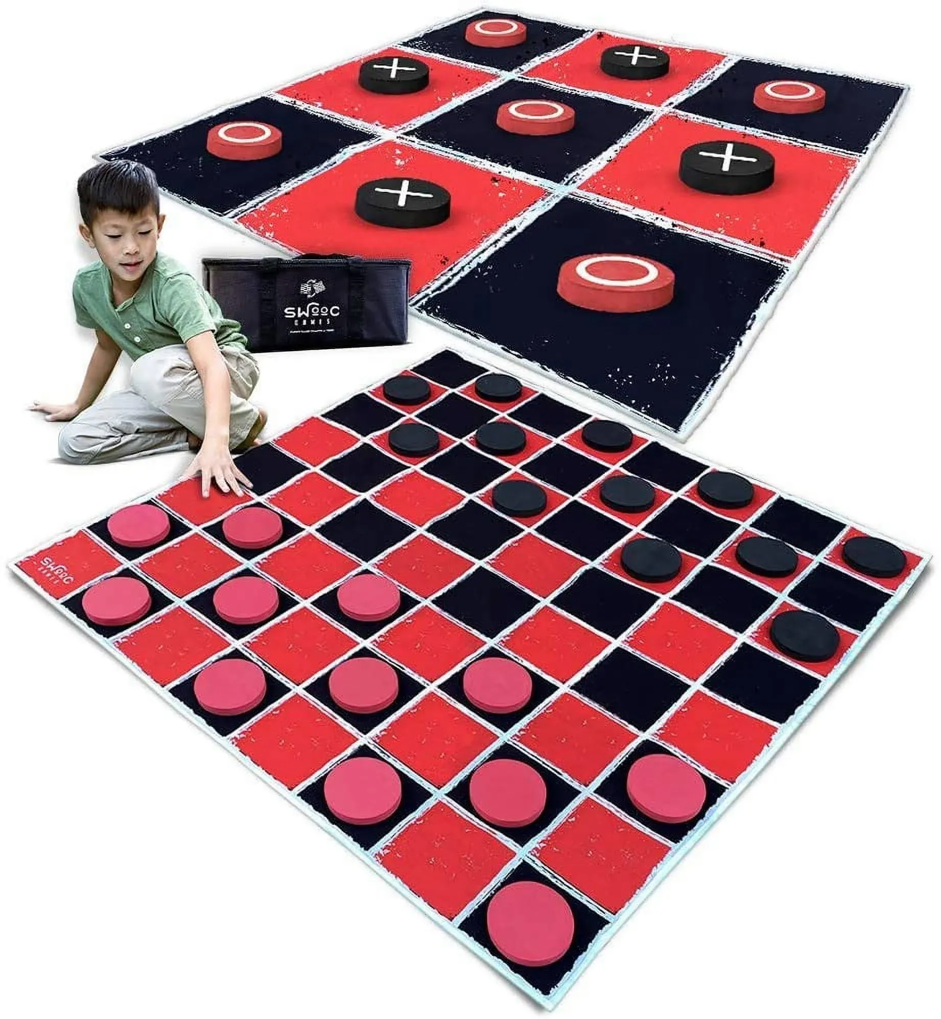 2-in-1 Vintage Giant Checkers and Tic Tac Toe Game With Mat (4 ft. x 4 ft.) - 100% Machine-Washable Canvas