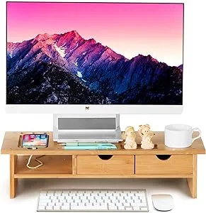 Maydear Monitor Stand Riser, 2 Tier Bamboo Computer Monitor Stand for Desk with 4 Drawers, Desktop Stand Desk Organizer for Laptop, Desktop Printer Stand, Versatile as Storage Shelf & Screen Holder