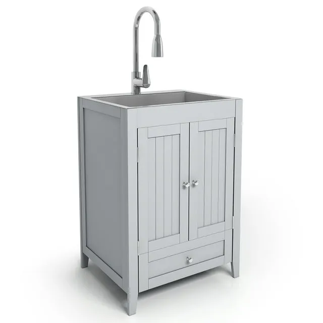 24-Inch Laundry Sink with Cabinet and Pull-Out Sprayer Faucet, Stainless Steel ...