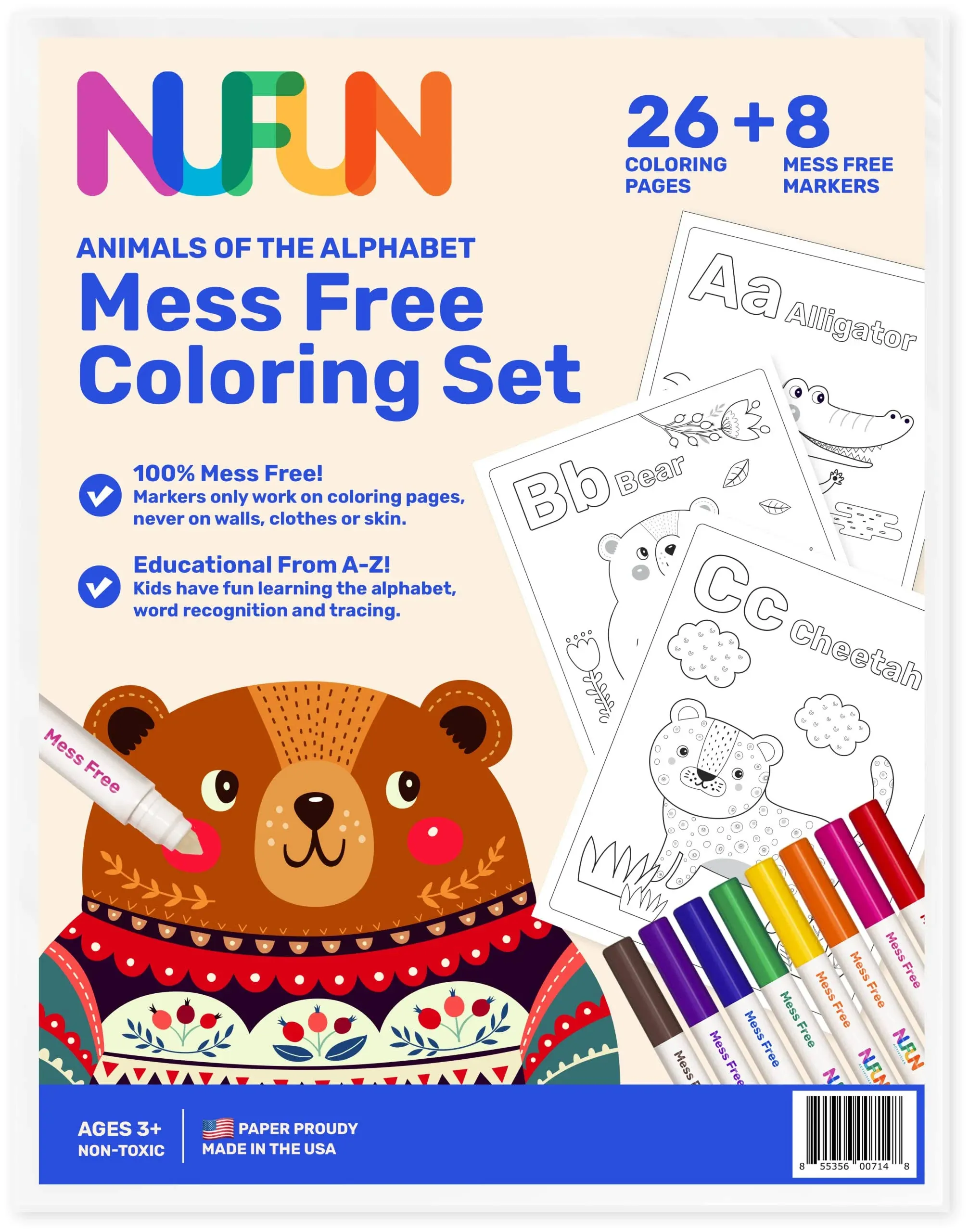 NuFun Activities Mess Free Coloring Set - Animals of The Alphabet, Kids Create No Mess Wonders with Special Coloring Paper, Gift for Toddlers and Kids, 26 Preprinted Pages and 8 Markers