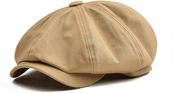 BOTVELA Men's Newsboy Flat Cap 100% Cotton Gatsby Ivy Golf Cabbie Hat (Khaki, 7 3/8)