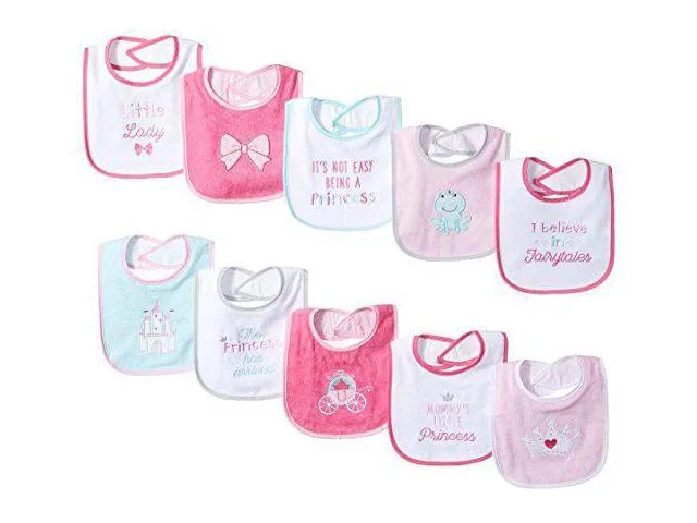 Luvable Friends Unisex Baby Cotton Terry Drooler Bibs with PEVA Back, Princess, One Size