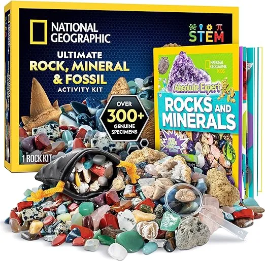 National Geographic Rock Collection Box for Kids – 300 Piece Rock Set with Real Fossils, Gemstones, and Crystals- Includes Absolute Expert: Rocks & Minerals Full-Color Book (Amazon Exclusive)