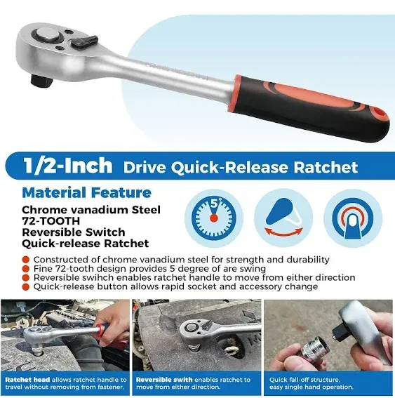 1/2-Inch Drive Ratchet Handle, Ratchet Wrench, Socket Wrench, 72-Tooth, Quick-release Reversible, Chrome Vanadium Steel Made