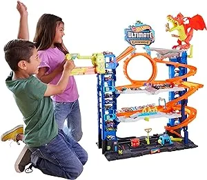 Hot Wheels City Ultimate Garage Playset with 2 Die-Cast Cars, Toy Storage for 50+ 1:64 Scale Cars, 4 Levels of Track Play, Defeat The Dragon